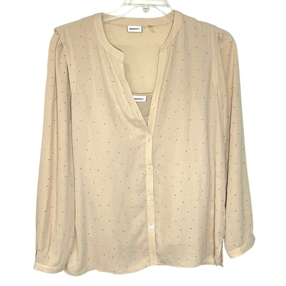 DKNY Beige Button Up Blouse Rhinestone Embellished Officecore Chic Minimalist